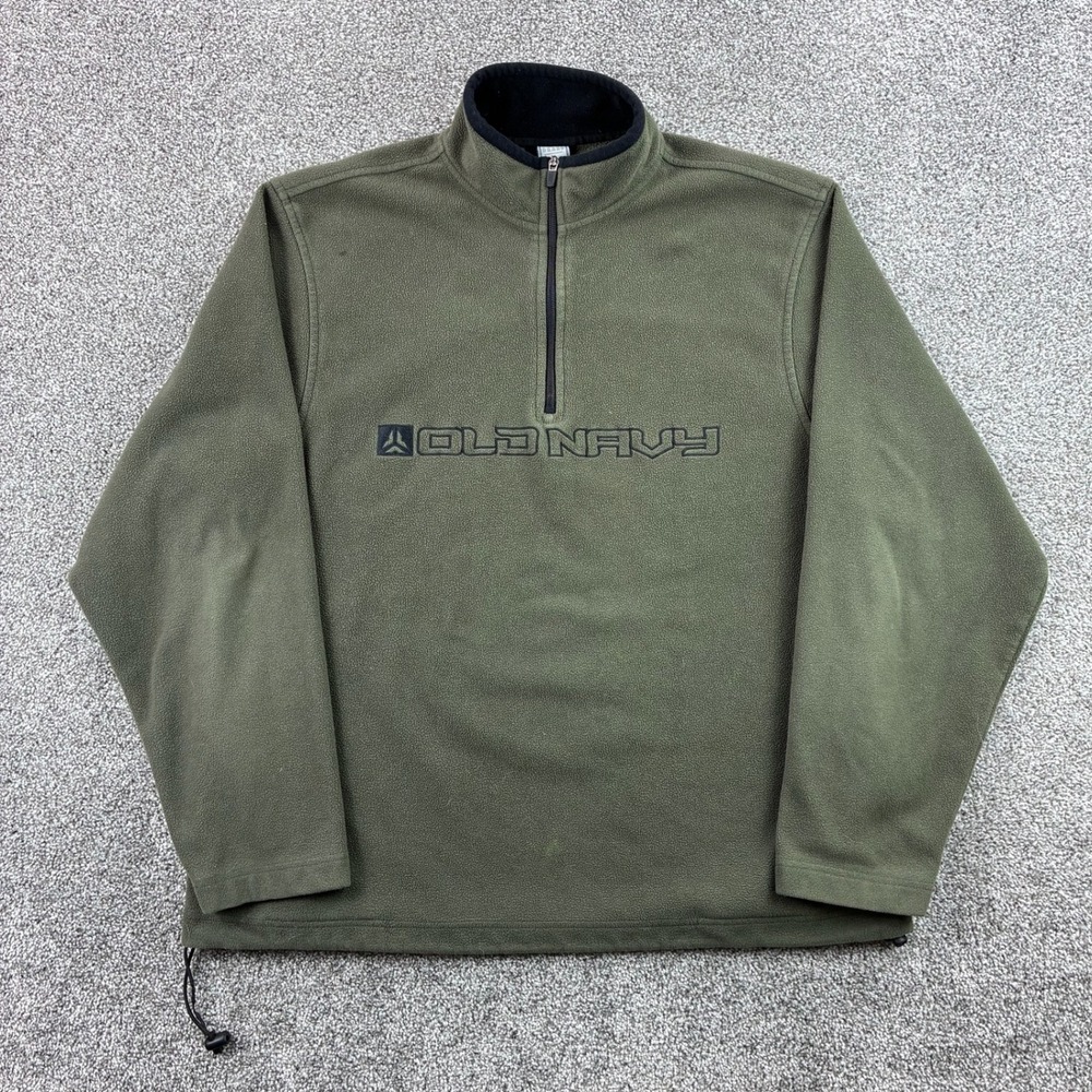 Vintage Old Navy‎ Fleece 1/4 Zip Pullover Mens XL Olive Green Spell Out Logo